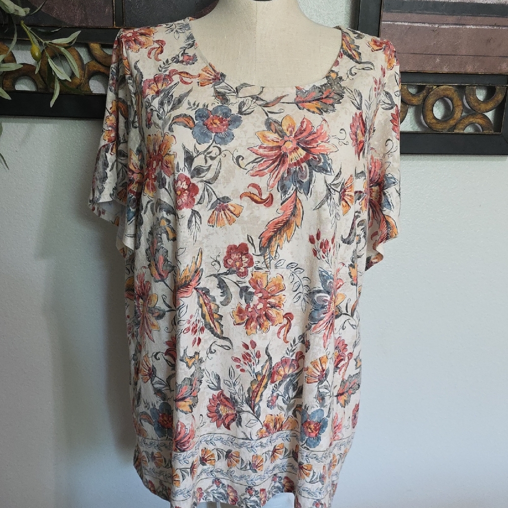 CJ Banks White and Cream Short Sleeve Relaxed Blouse